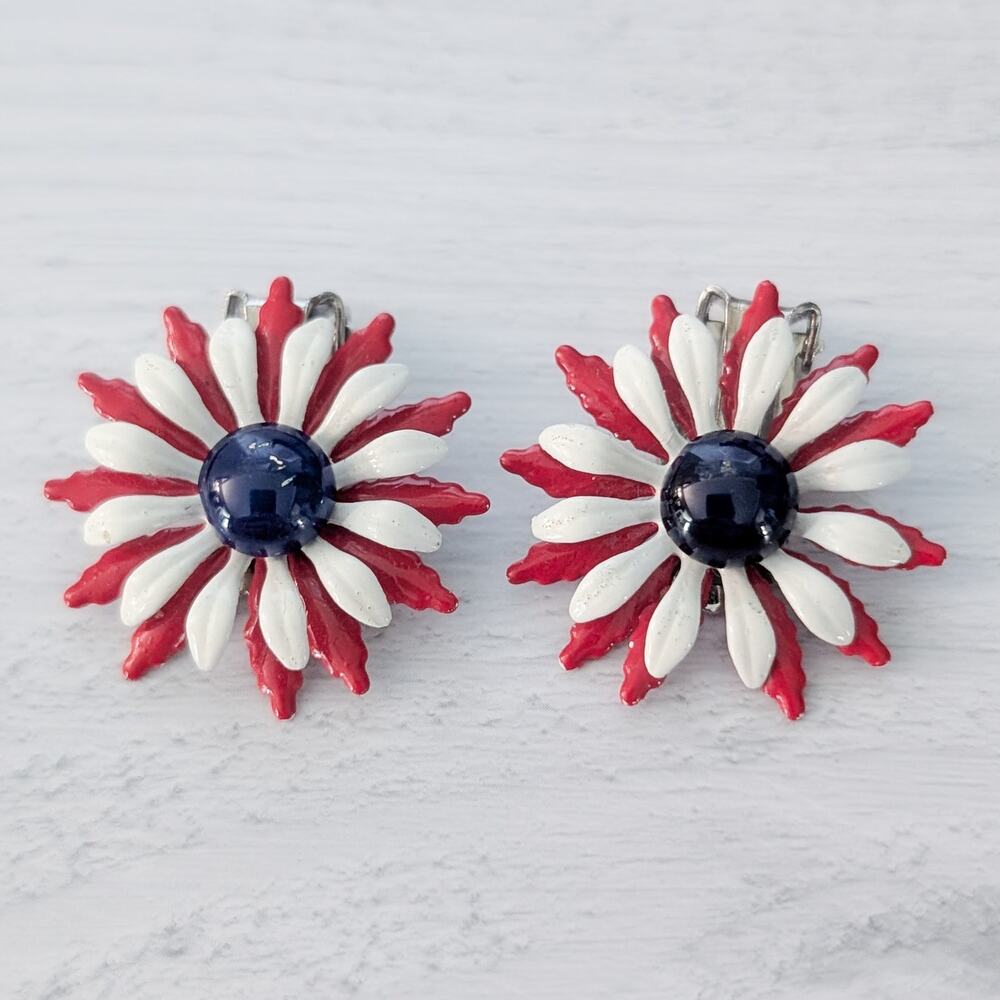 Vintage Clip On Earrings Red, White, Blue Statement Flower